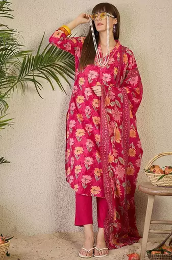 Floral Printed Pleated Mirror Work Pure Cotton Kurta with Trousers & Dupatta