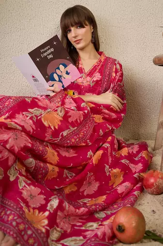 Floral Printed Pleated Mirror Work Pure Cotton Kurta with Trousers & Dupatta
