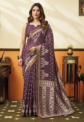 Plum purple printed cotton blend saree with ethnic border & pallu 1