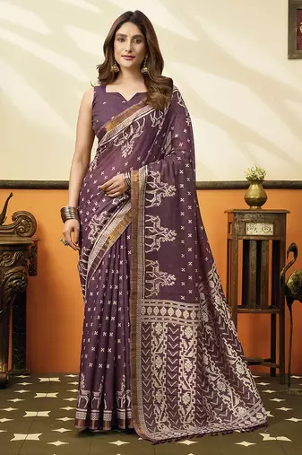 Plum purple printed cotton blend saree with ethnic border & pallu