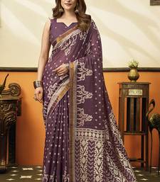 Plum purple printed cotton blend saree with ethnic border & pallu