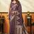 Plum purple printed cotton blend saree with ethnic border & pallu
