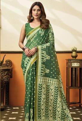 Green printed cotton blend saree with ethnic border & pallu 1