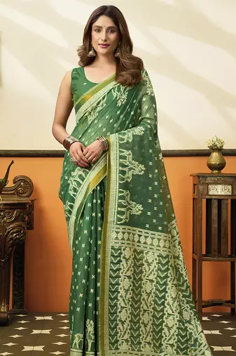 Green printed cotton blend saree with ethnic border & pallu