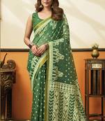 Green printed cotton blend saree with ethnic border & pallu