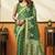 Green printed cotton blend saree with ethnic border & pallu
