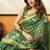 Green printed cotton blend saree with ethnic border & pallu