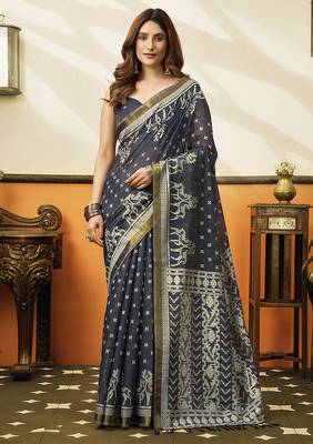 Charcol black printed cotton blend saree with ethnic border & pallu 1