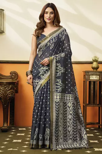 Charcol black printed cotton blend saree with ethnic border & pallu