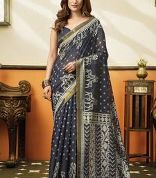 Charcol black printed cotton blend saree with ethnic border & pallu