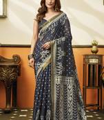 Charcol black printed cotton blend saree with ethnic border & pallu