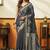 Charcol black printed cotton blend saree with ethnic border & pallu