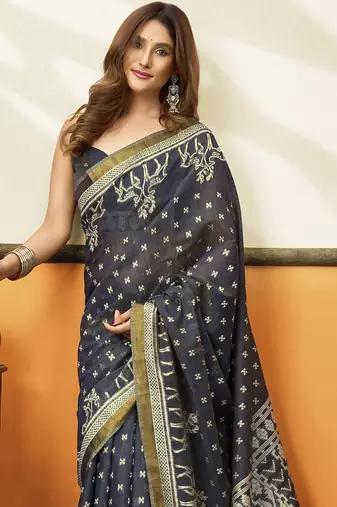 Charcol black printed cotton blend saree with ethnic border & pallu