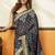 Charcol black printed cotton blend saree with ethnic border & pallu
