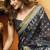 Charcol black printed cotton blend saree with ethnic border & pallu