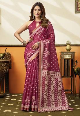 Rani pink printed cotton blend saree with ethnic border & pallu 1