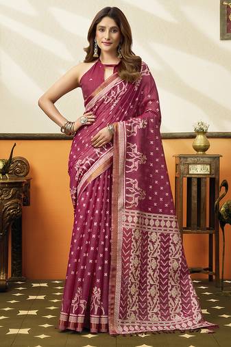 Rani pink printed cotton blend saree with ethnic border & pallu