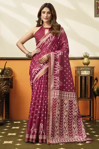 Rani pink printed cotton blend saree with ethnic border & pallu