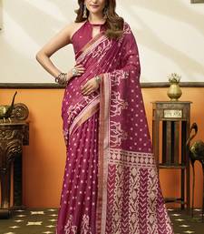Rani pink printed cotton blend saree with ethnic border & pallu
