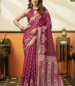 Rani pink printed cotton blend saree with ethnic border & pallu