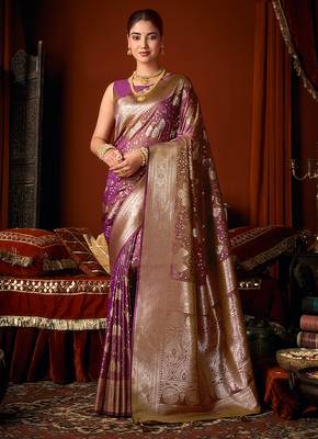 Purple jacquard silk blend saree with zari floral weave 1