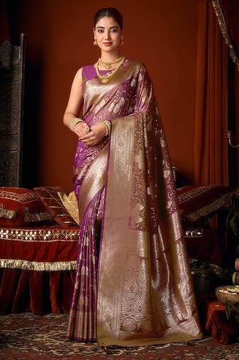Purple jacquard silk blend saree with zari floral weave