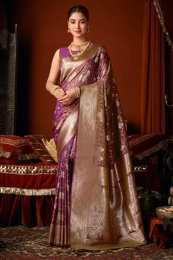 Purple jacquard silk blend saree with zari floral weave