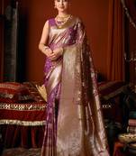 Purple jacquard silk blend saree with zari floral weave