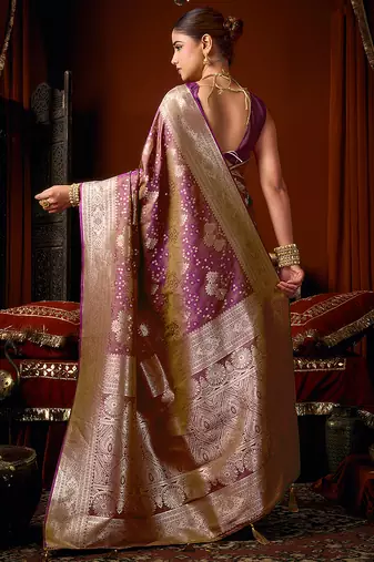 Purple jacquard silk blend saree with zari floral weave