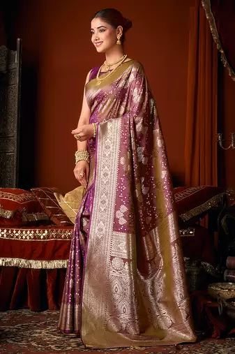Purple jacquard silk blend saree with zari floral weave