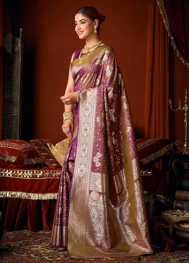 Purple jacquard silk blend saree with zari floral weave