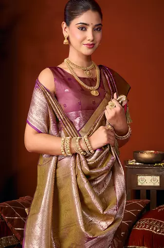 Purple jacquard silk blend saree with zari floral weave