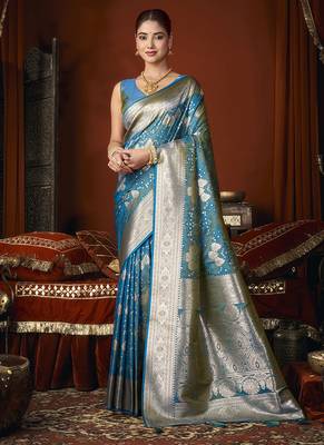 Aqua blue jacquard silk blend saree with zari floral weave 1