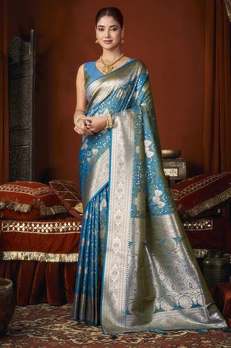 Aqua blue jacquard silk blend saree with zari floral weave