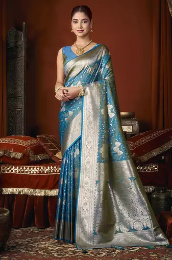Aqua blue jacquard silk blend saree with zari floral weave