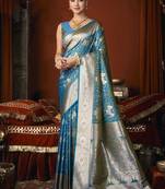 Aqua blue jacquard silk blend saree with zari floral weave