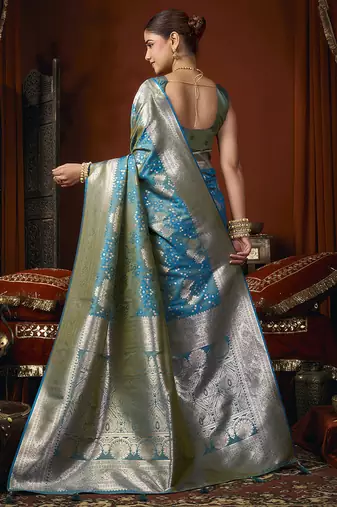 Aqua blue jacquard silk blend saree with zari floral weave
