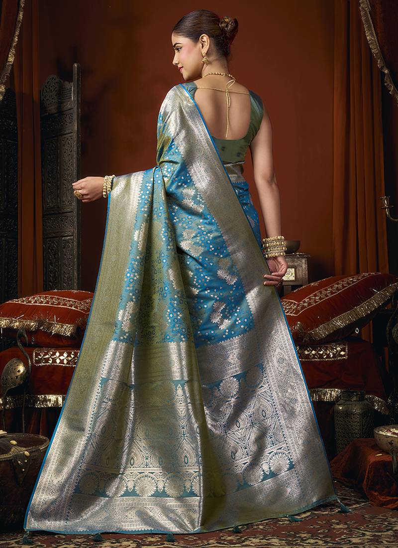 Aqua blue jacquard silk blend saree with zari floral weave