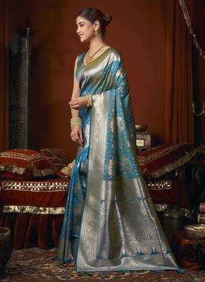Aqua blue jacquard silk blend saree with zari floral weave 3