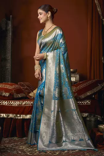 Aqua blue jacquard silk blend saree with zari floral weave