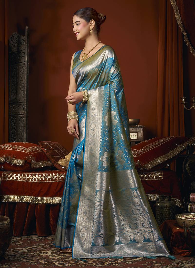 Aqua blue jacquard silk blend saree with zari floral weave