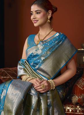Aqua blue jacquard silk blend saree with zari floral weave 4