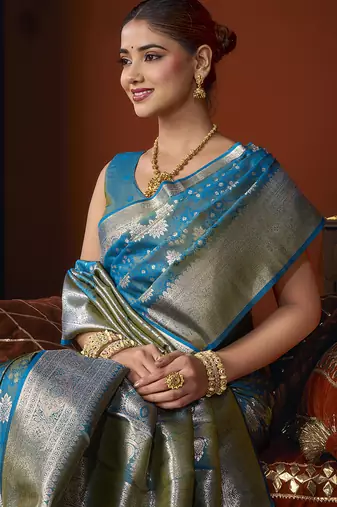 Aqua blue jacquard silk blend saree with zari floral weave