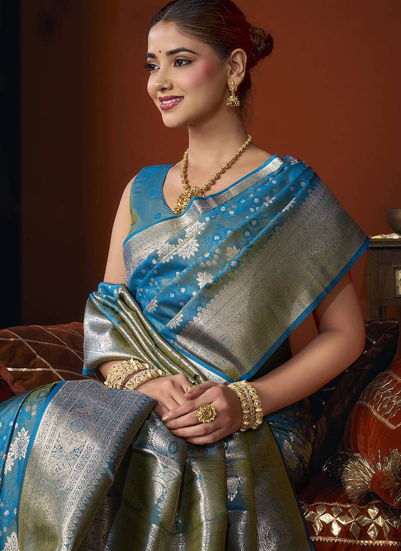 Aqua blue jacquard silk blend saree with zari floral weave