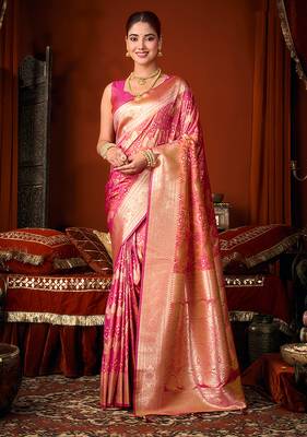 Rani pink jacquard silk blend saree with zari floral weave 1