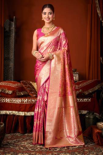 Rani pink jacquard silk blend saree with zari floral weave