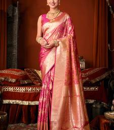 Rani pink jacquard silk blend saree with zari floral weave