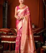 Rani pink jacquard silk blend saree with zari floral weave