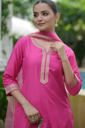 Women Embroidered Regular Kurta with Trousers & With Dupatta