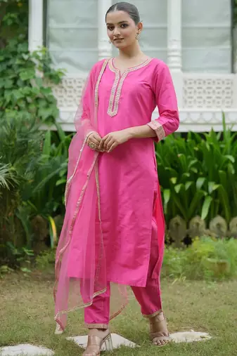Women Embroidered Regular Kurta with Trousers & With Dupatta